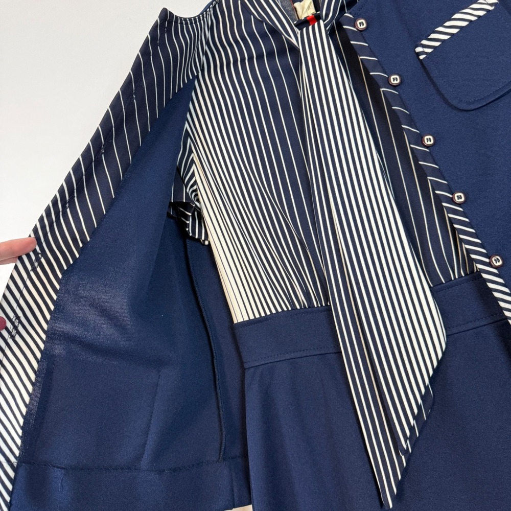 Vintage Leslie Fay Navy Blue Skirt Suit Set Striped Tie Secretary Career - Picture 4 of 16